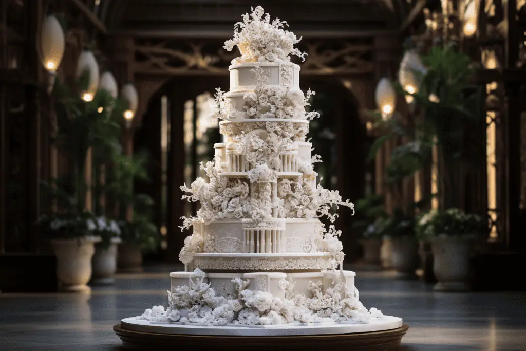 A multi-tiered, ornate white wedding cake adorned with intricate floral designs and patterns, displayed in an elegant hall with ambient lighting.