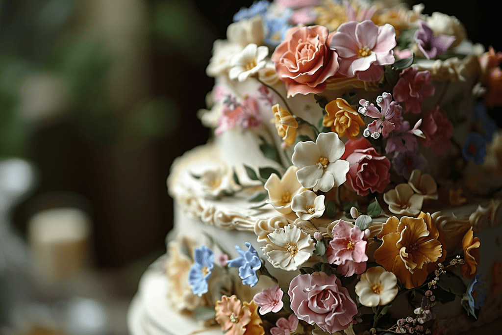 A close-up of a decorated cake covered in intricate, colorful icing flowers, including roses and other blossoms, showcases memorable designs perfect for 2024 wedding cake designs on a delicate cream-colored base.