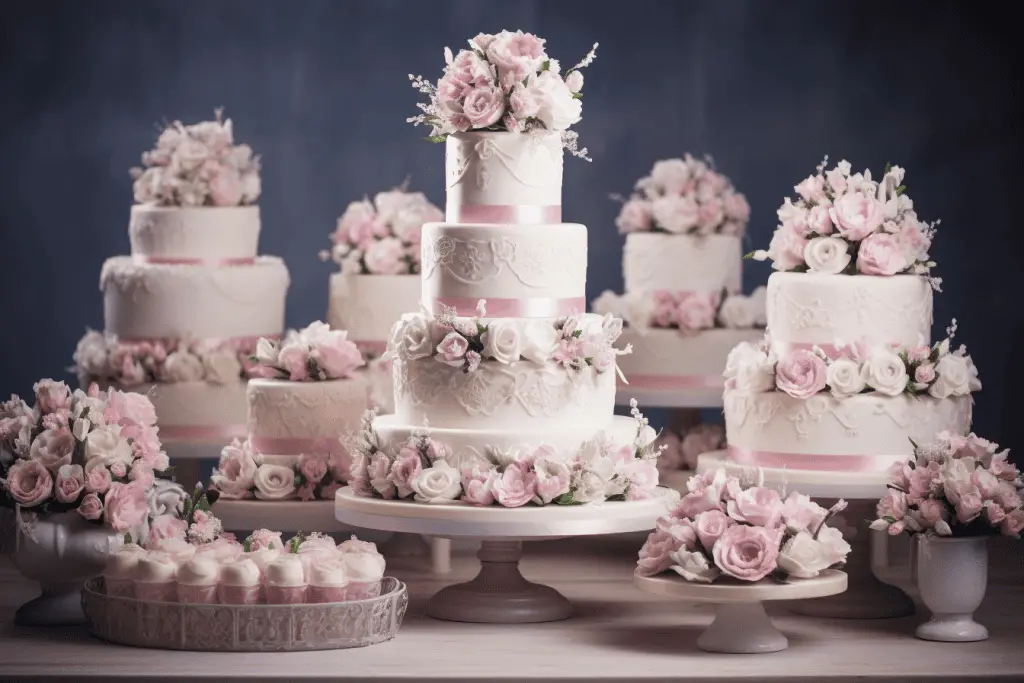 Elegant wedding cakes with white icing and pastel pink floral decorations on tiered stands against a dark blue background.