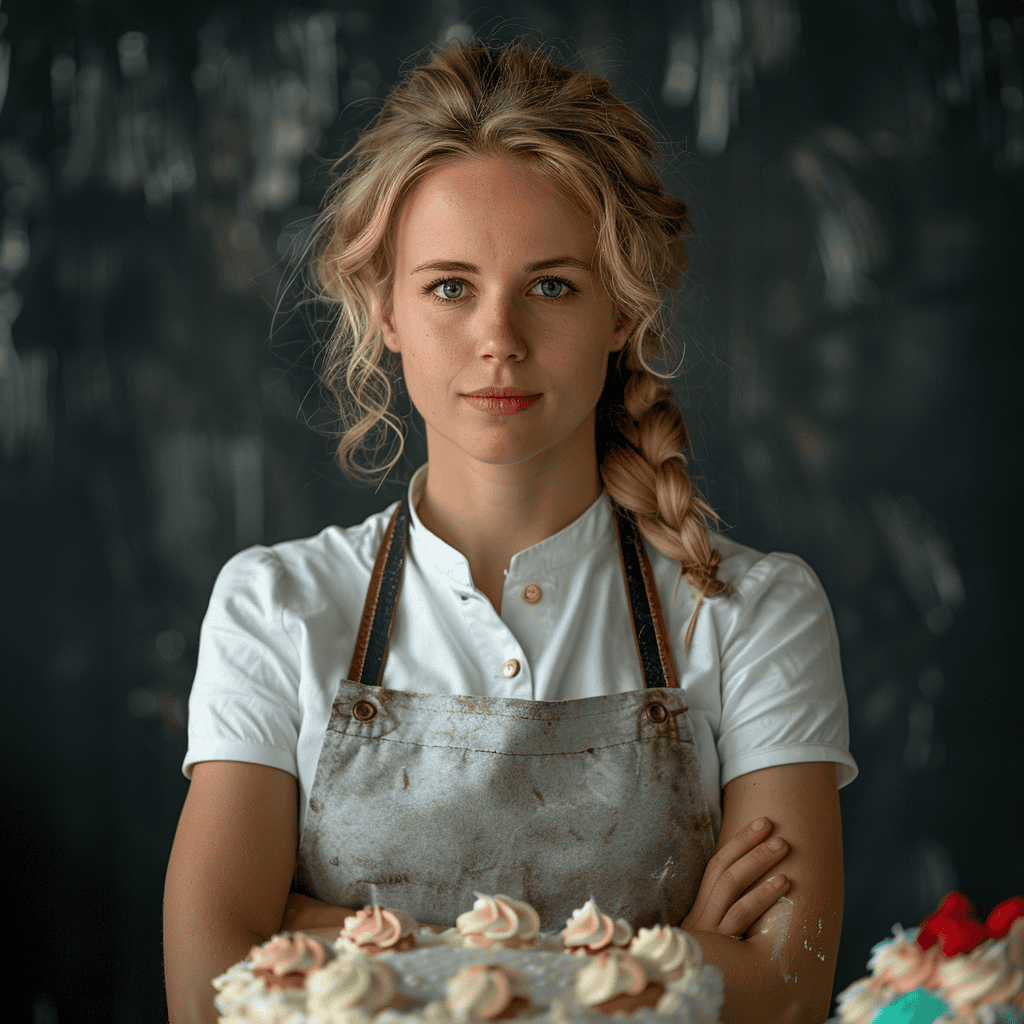 Portrait of the writer and owner of Cake Vows, a skilled baker with blonde hair in a braid, standing confidently in front of her cake creations.