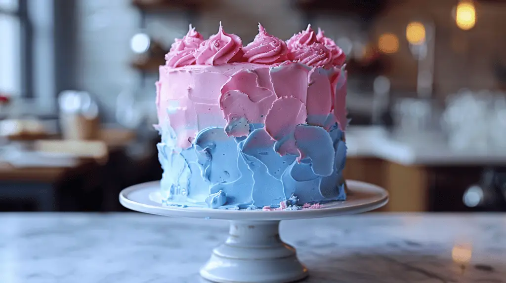 Pink and blue gender reveal cake with textured frosting.