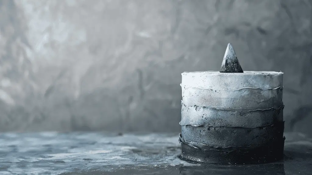 A monochrome birthday cake in varying shades of grey and blue with a smooth, sleek fondant finish and a black cone topper, set against a grey marbled background.