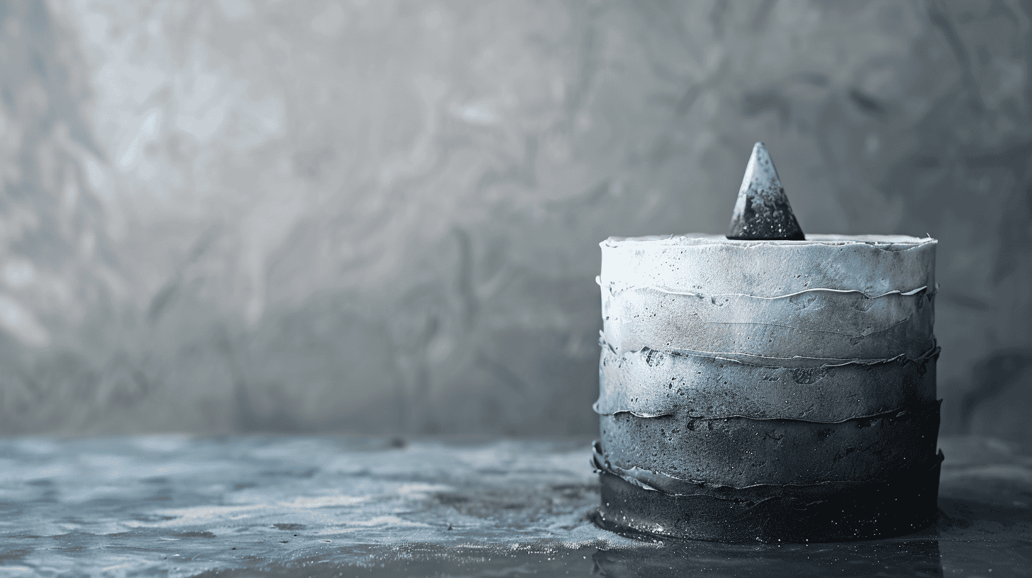A monochrome birthday cake in varying shades of grey and blue with a smooth, sleek fondant finish and a black cone topper, set against a grey marbled background.