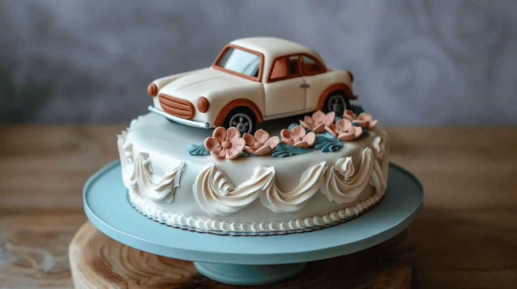 A father's day cake featuring a sugar work car topper for a unique and personal touch