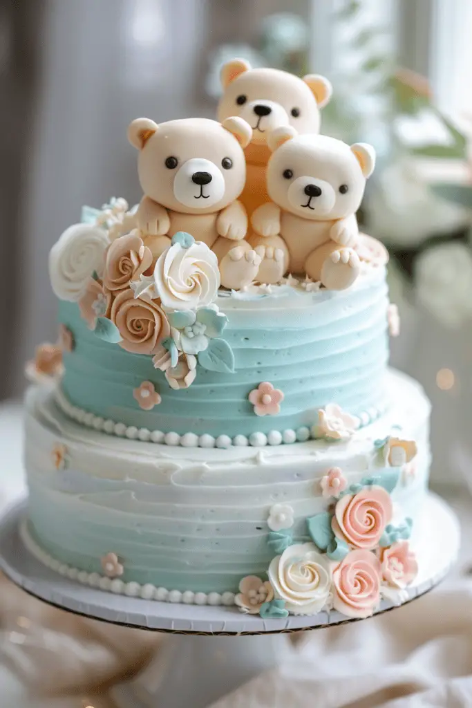 An adorable bear themed gender reveal cake