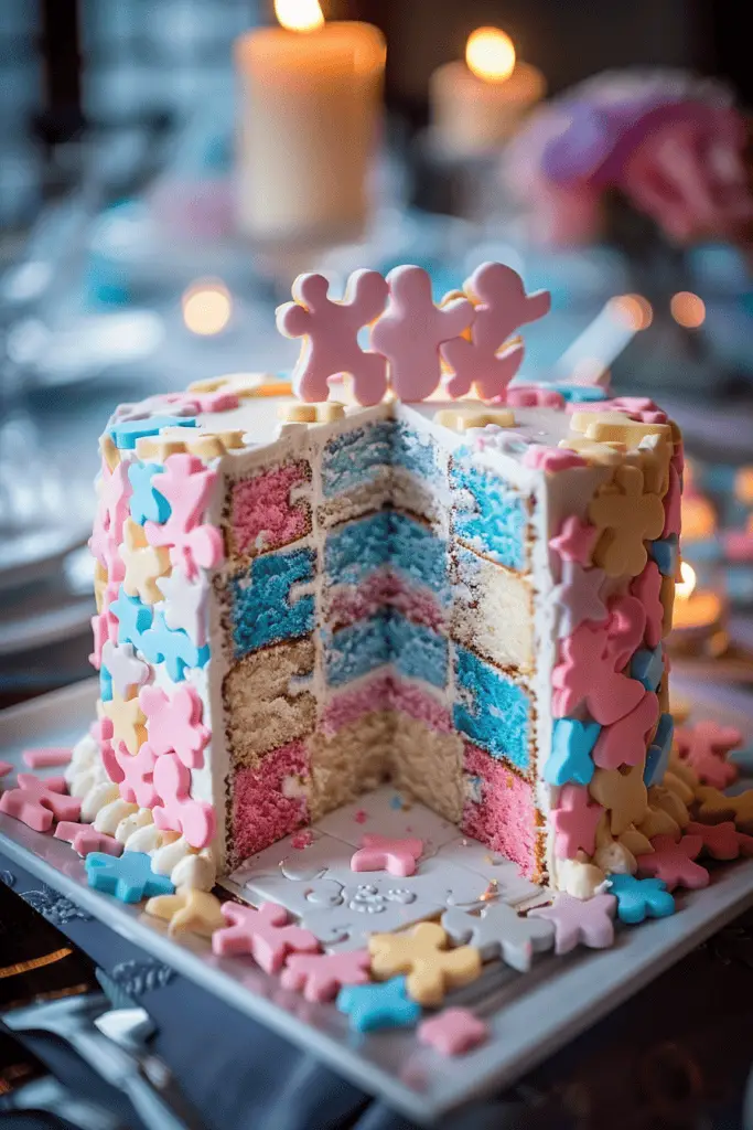 A puzzle themed gender reveal cake