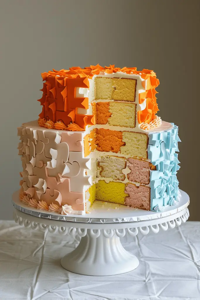 A puzzle themed gender reveal cake