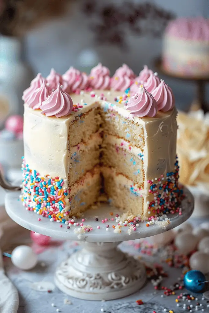 A sprinkle filled gender reveal cake