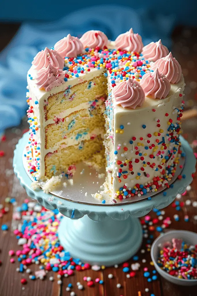 A sprinkle filled gender reveal cake