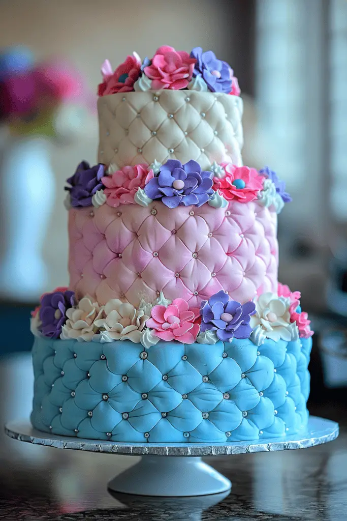 A tiered gender reveal cake