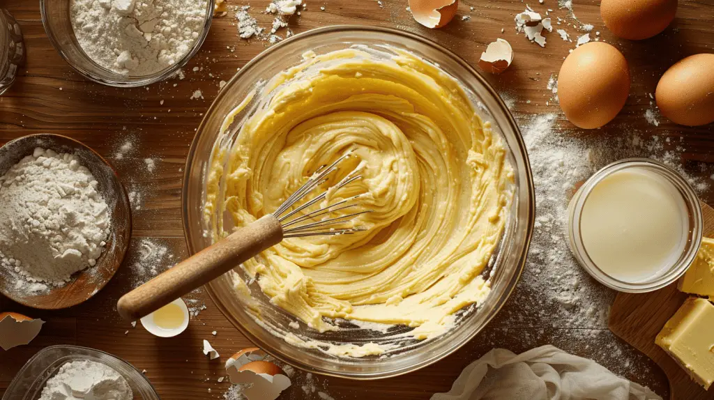 Butter cake batter being mixed in a large bowl with a wooden spoon, surrounded by flour, a cracked egg, a butter wrapper, and a measuring cup on a kitchen countertop.