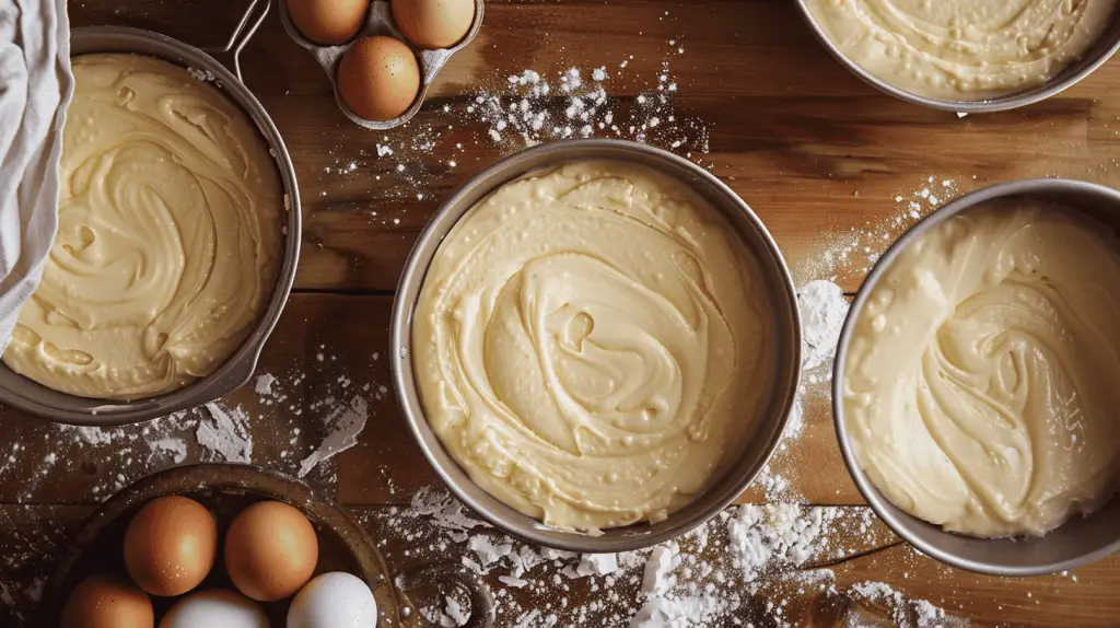 Butter cake batter being poured into two 9-inch round cake pans, ready to be baked, with baking ingredients in the background.