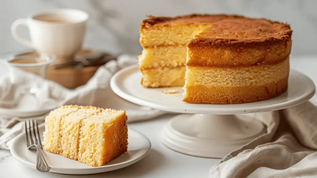 A person slicing the butter cake with a knife, showing the moist and rich interior of the cake, with a plate ready to serve.