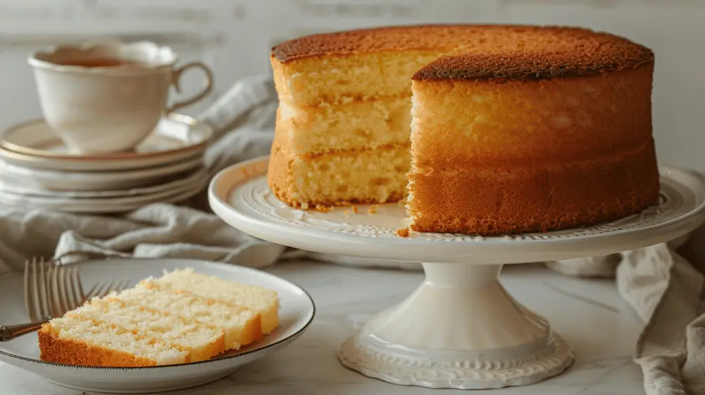 Finished two-layer butter cake on a white cake stand, with a slice cut out and placed on a plate beside it, with a fork and a cup of tea.