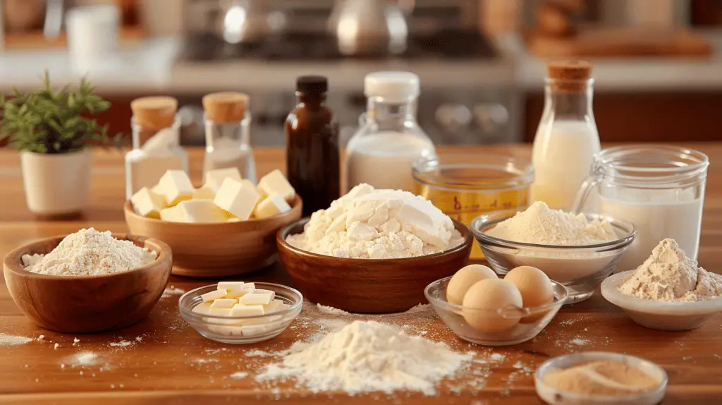 Ingredients for butter cake arranged on a wooden countertop including flour, baking powder, salt, butter, sugar, eggs, vanilla extract, milk, and buttermilk.