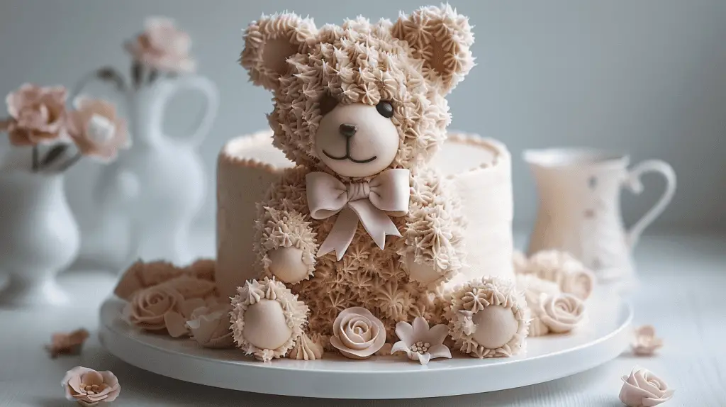 A Teddy Bear Gender Reveal Cake decorated with a 3D teddy bear made of textured icing, surrounded by pastel pink icing roses and delicate fondant flowers, displayed on a white platter with soft pink and white vases in the background.