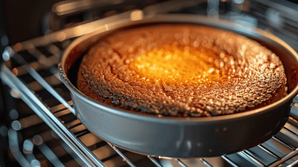 The perfect cake base baking in the oven