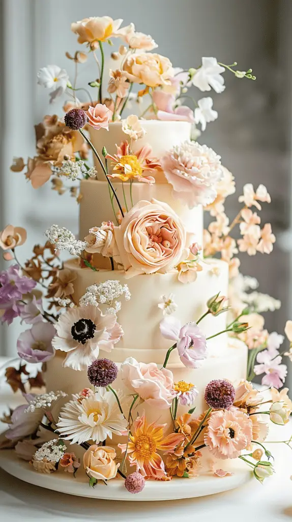 A multi-tiered wedding cake adorned with elegant floral accents