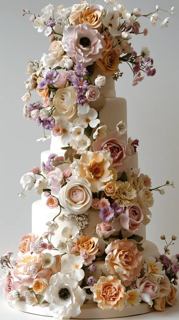 A multi-tiered wedding cake adorned with elegant floral accents