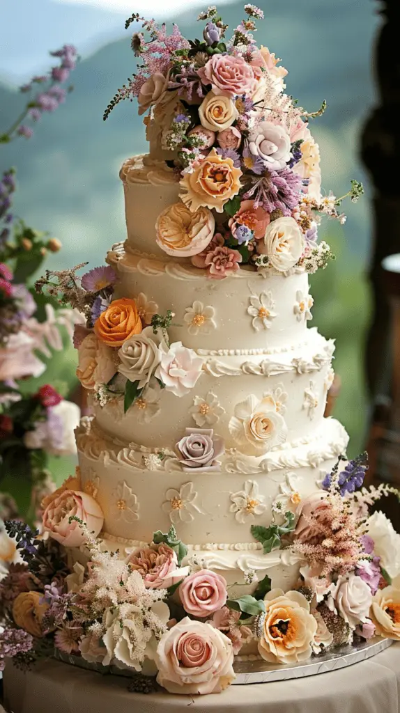 A multi-tiered wedding cake adorned with elegant floral accents