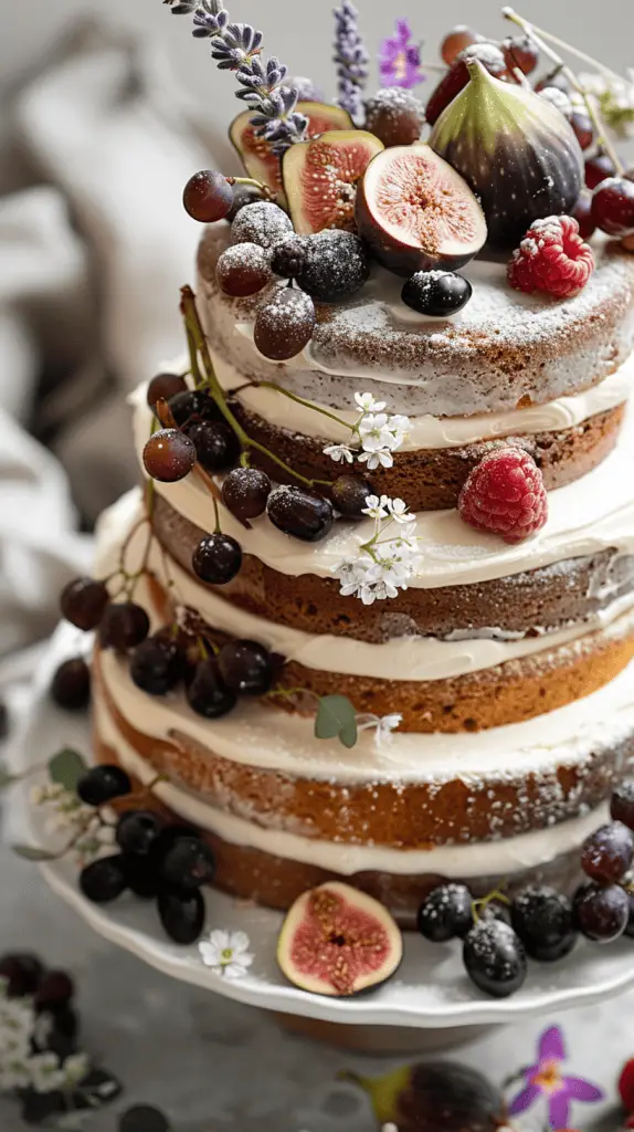 A rustic naked wedding cake with minimal frosting on the outer edges, showcasing the cake layers and cream fillings