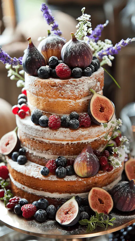 A rustic naked wedding cake with minimal frosting on the outer edges, showcasing the cake layers and cream fillings