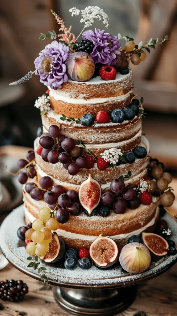 A rustic naked wedding cake with minimal frosting on the outer edges, showcasing the cake layers and cream fillings