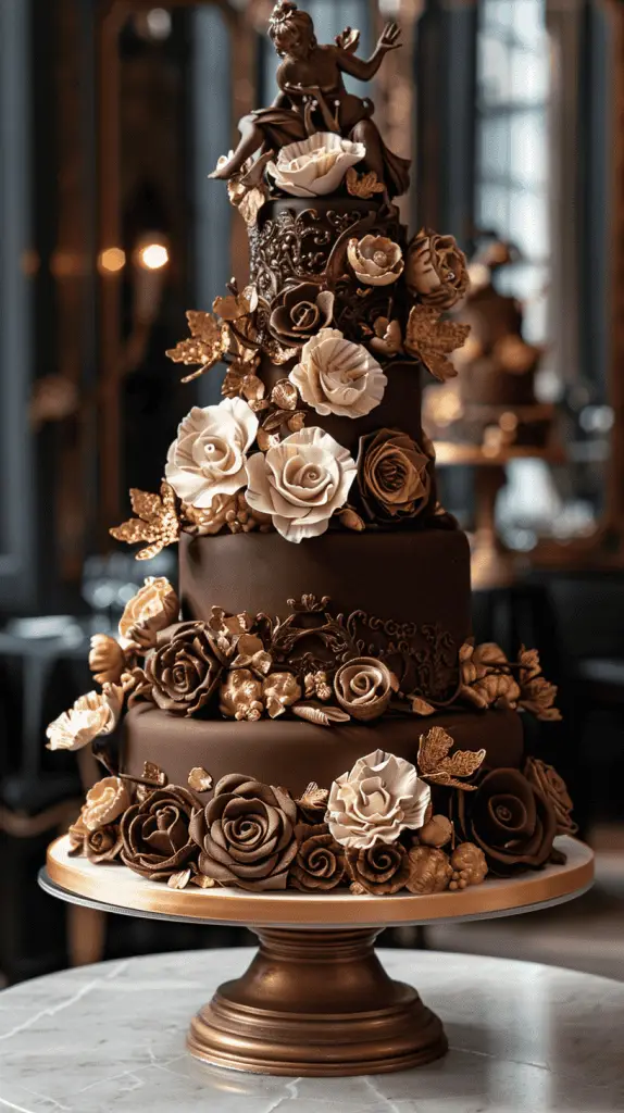 An opulent chocolate wedding cake