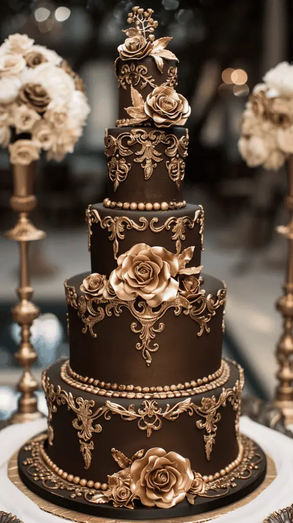 An opulent chocolate wedding cake