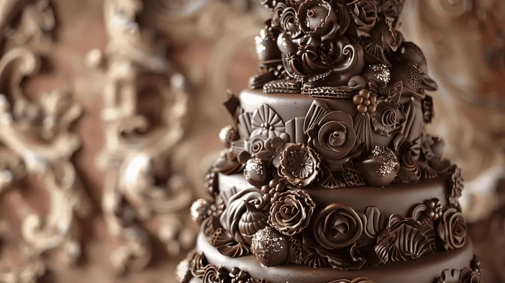 A chocolate cake covered in rich, glossy chocolate ganache with intricate chocolate lace details and moulded shapes.