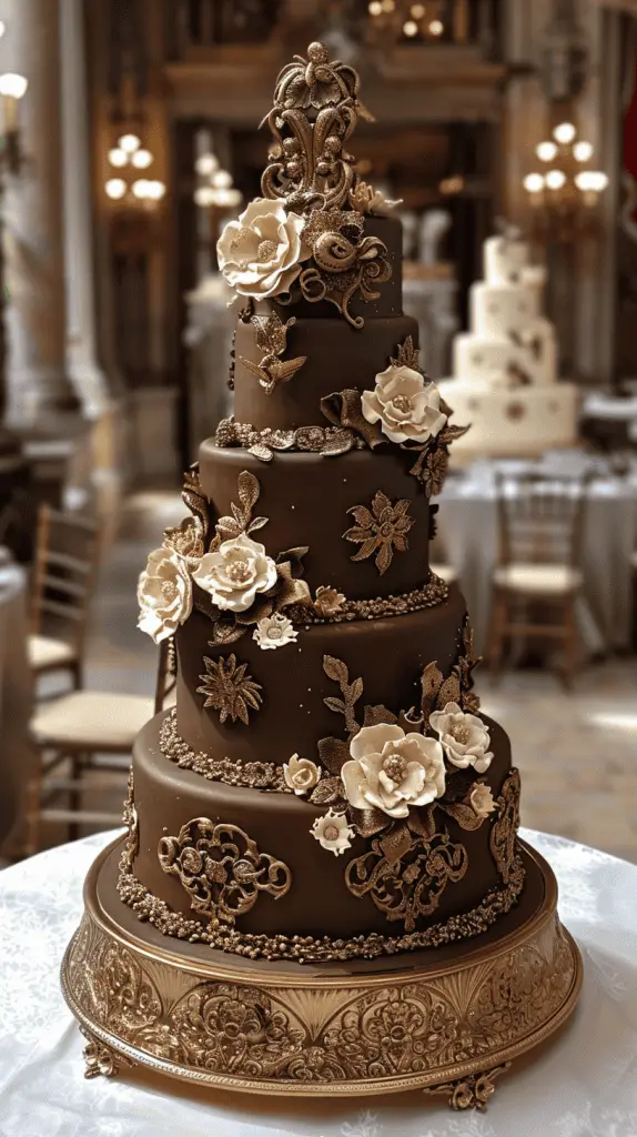 An opulent chocolate wedding cake