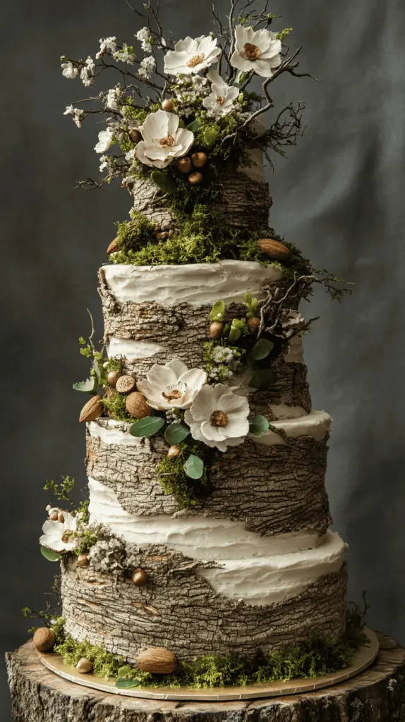 A bohemian wedding cake with bark-like fondant textures, mimicking the appearance of tree bark, adorned with edible moss and nuts, perfect for a woodland or rustic outdoor wedding.