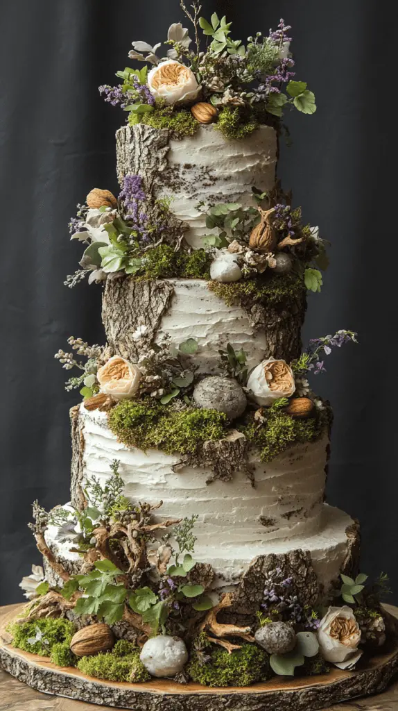 A bohemian wedding cake with bark-like fondant textures, mimicking the appearance of tree bark, adorned with edible moss and nuts, perfect for a woodland or rustic outdoor wedding.