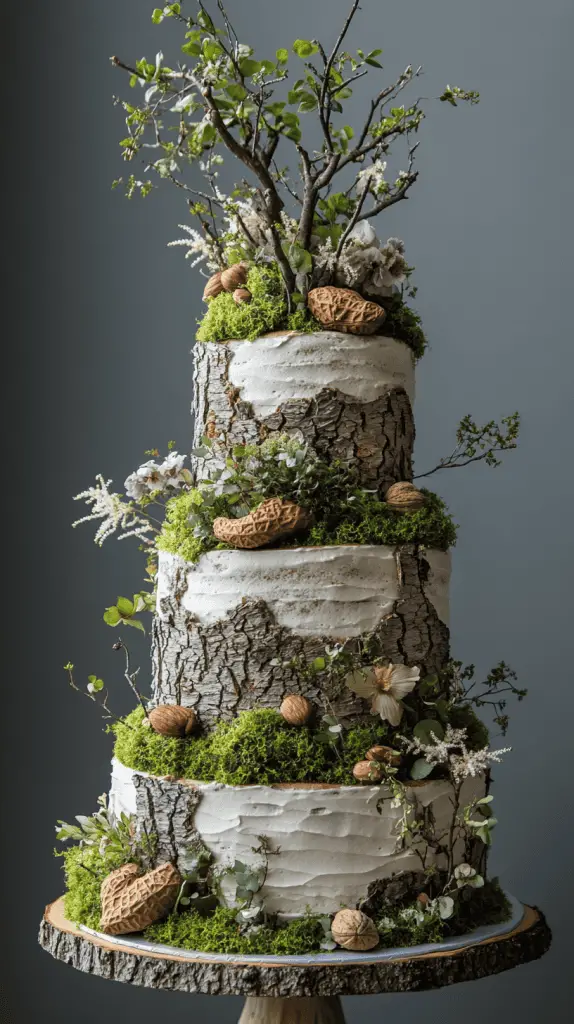 A bohemian wedding cake with bark-like fondant textures, mimicking the appearance of tree bark, adorned with edible moss and nuts, perfect for a woodland or rustic outdoor wedding.