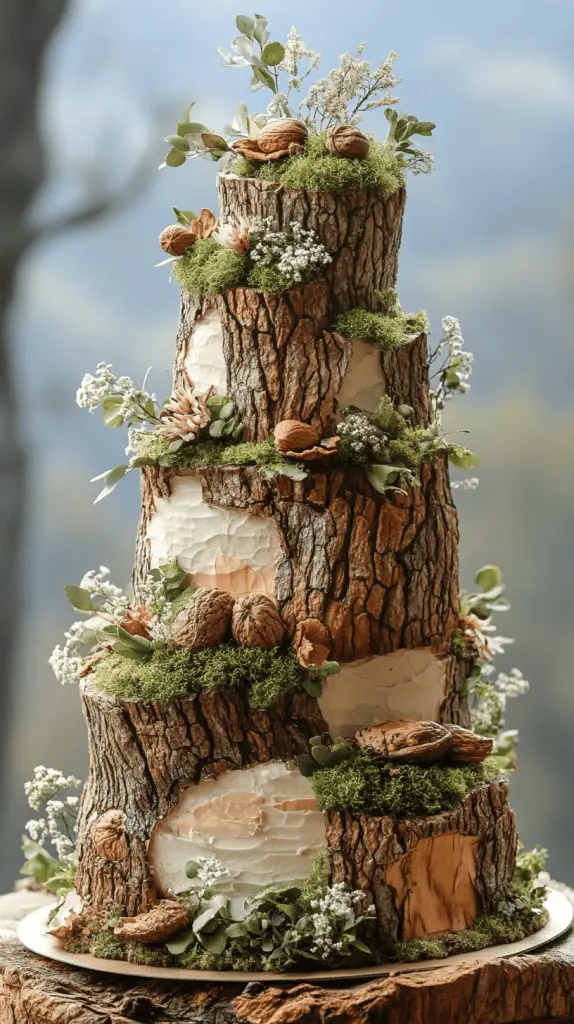 A bohemian wedding cake with bark-like fondant textures, mimicking the appearance of tree bark, adorned with edible moss and nuts, perfect for a woodland or rustic outdoor wedding.