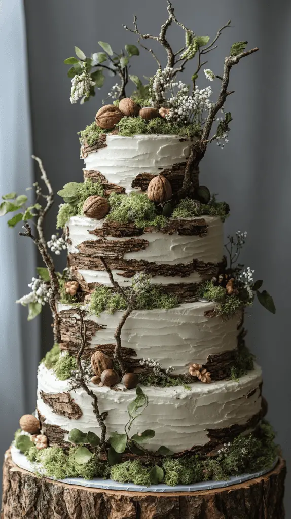 A bohemian wedding cake with bark-like fondant textures, mimicking the appearance of tree bark, adorned with edible moss and nuts, perfect for a woodland or rustic outdoor wedding.