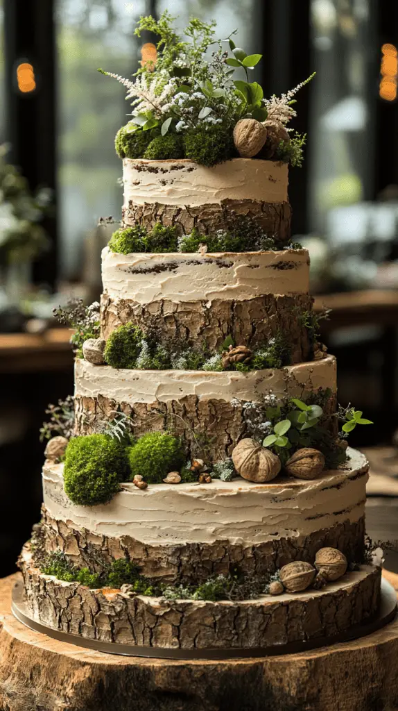 A bohemian wedding cake with bark-like fondant textures, mimicking the appearance of tree bark, adorned with edible moss and nuts, perfect for a woodland or rustic outdoor wedding.