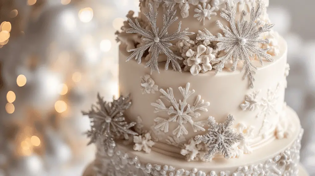 A sophisticated winter-themed wedding cake that combines seasonal decorations and flavors.