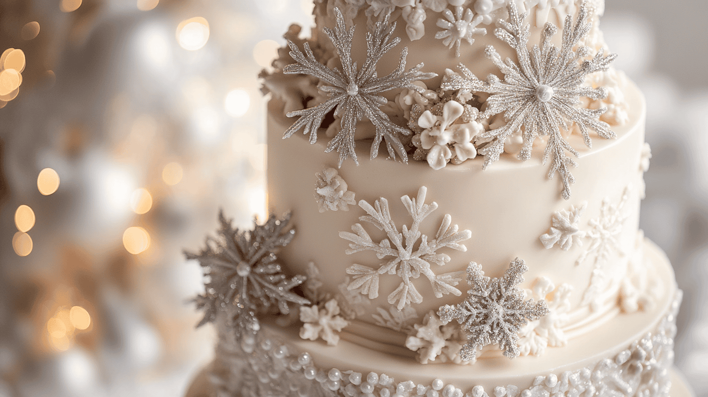 A sophisticated winter-themed wedding cake that combines seasonal decorations and flavors.