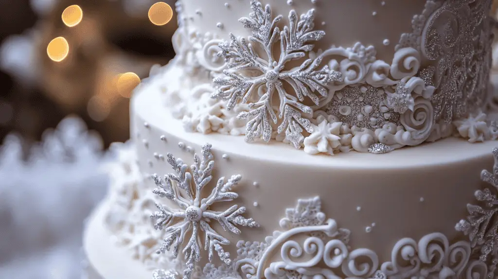 A sophisticated winter-themed wedding cake that combines seasonal decorations and flavors.