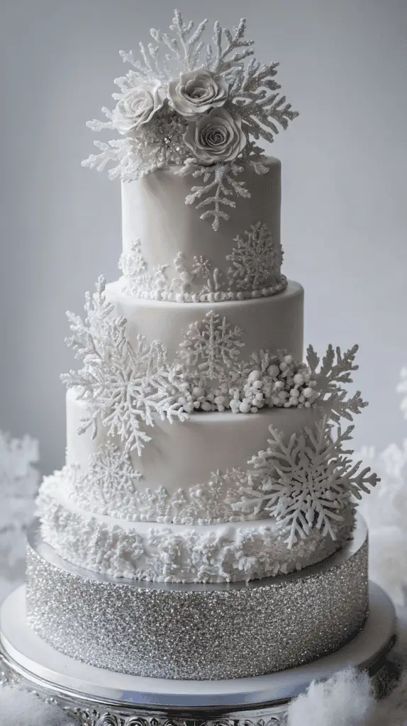 A tiered winter wedding cake with delicate snowflake decorations. The cake features silver and white tones, with intricate icing work forming snowflakes across the tiers. Include edible glitter for a sparkling effect that catches the light, and add layers with transparent isomalt crystals that resemble glistening ice.