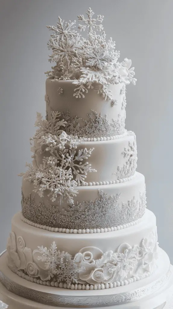 A tiered winter wedding cake with delicate snowflake decorations. The cake features silver and white tones, with intricate icing work forming snowflakes across the tiers. Include edible glitter for a sparkling effect that catches the light, and add layers with transparent isomalt crystals that resemble glistening ice.