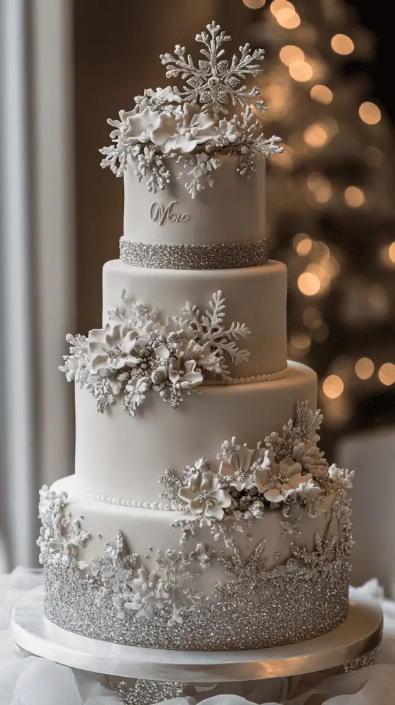 A tiered winter wedding cake with delicate snowflake decorations. The cake features silver and white tones, with intricate icing work forming snowflakes across the tiers. Include edible glitter for a sparkling effect that catches the light, and add layers with transparent isomalt crystals that resemble glistening ice.