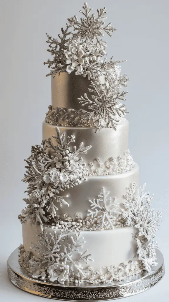 A tiered winter wedding cake with delicate snowflake decorations. The cake features silver and white tones, with intricate icing work forming snowflakes across the tiers. Include edible glitter for a sparkling effect that catches the light, and add layers with transparent isomalt crystals that resemble glistening ice.