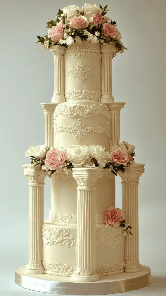 A magnificent Victorian-style wedding cake featuring pillared tiers that exude opulence and grandeur. Ornate decorative columns separate the layers, each tier showcasing unique designs such as delicate lace patterns and vibrant floral arrangements.