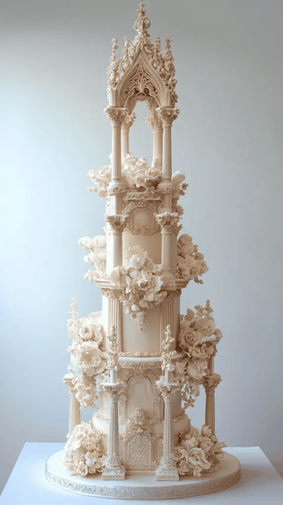 A magnificent Victorian-style wedding cake featuring pillared tiers that exude opulence and grandeur. Ornate decorative columns separate the layers, each tier showcasing unique designs such as delicate lace patterns and vibrant floral arrangements.