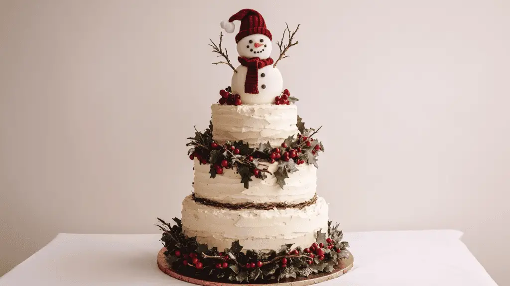 Complete view of a rustic three-tier semi-naked cake, topped with a festive snowman wearing a red scarf and twig arms