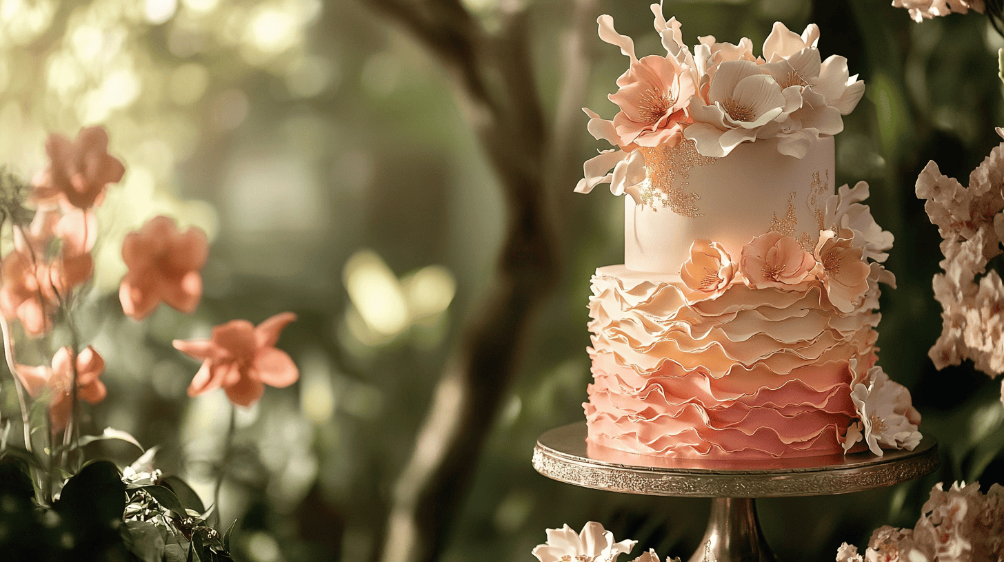 stunning ombre wedding cake as a luxurious centerpiece for a stylish modern wedding. The cake should have elegant color gradients transitioning from soft pastels (like blush pink and lavender) to vibrant hues such as coral and sunset orange.