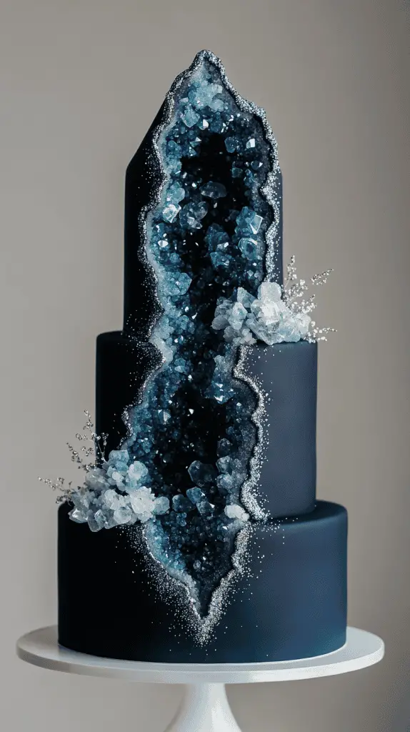 Three-tier winter wedding cake with smooth white fondant, large amethyst geode