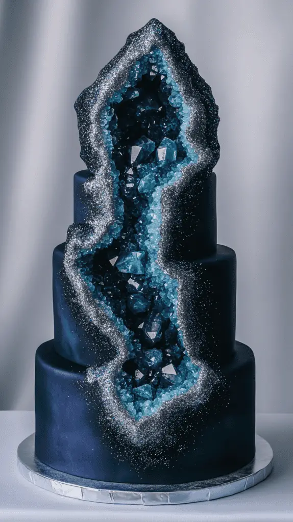 Three-tier winter wedding cake with smooth white fondant, large amethyst geode